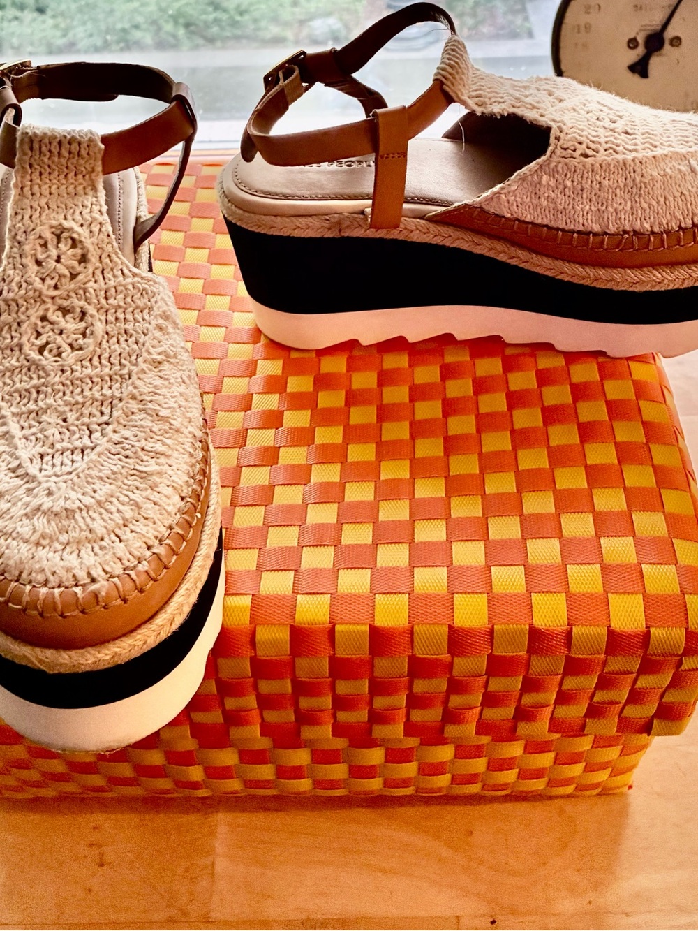 Free People Cream Crochet Platform Sandals with Brown Straps and Black Midsole